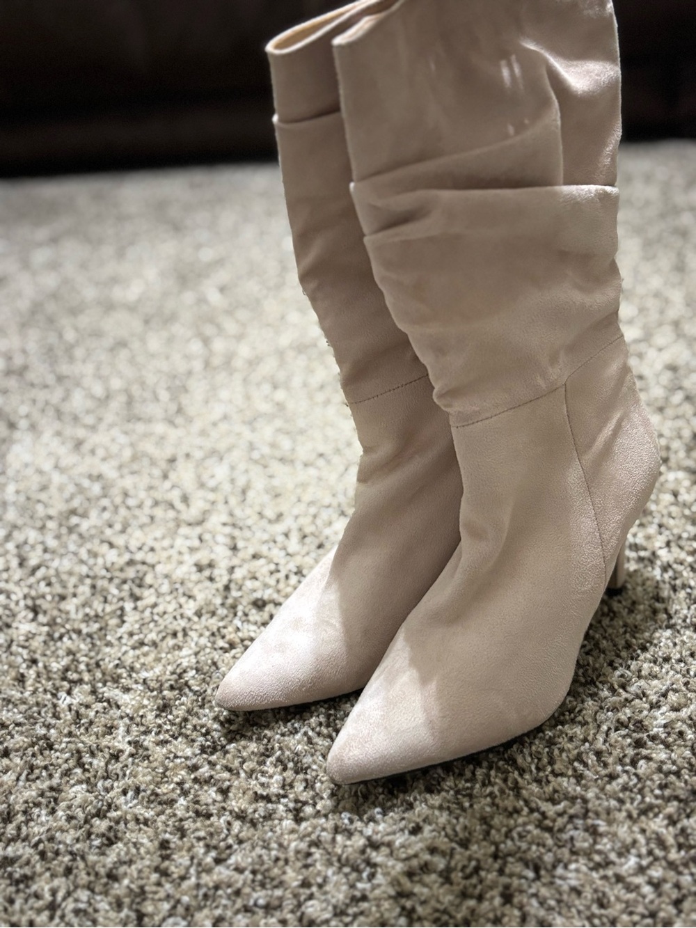 Women's Cream Mid-Calf Pointed Toe Heeled Boots - Picture 3 of 3